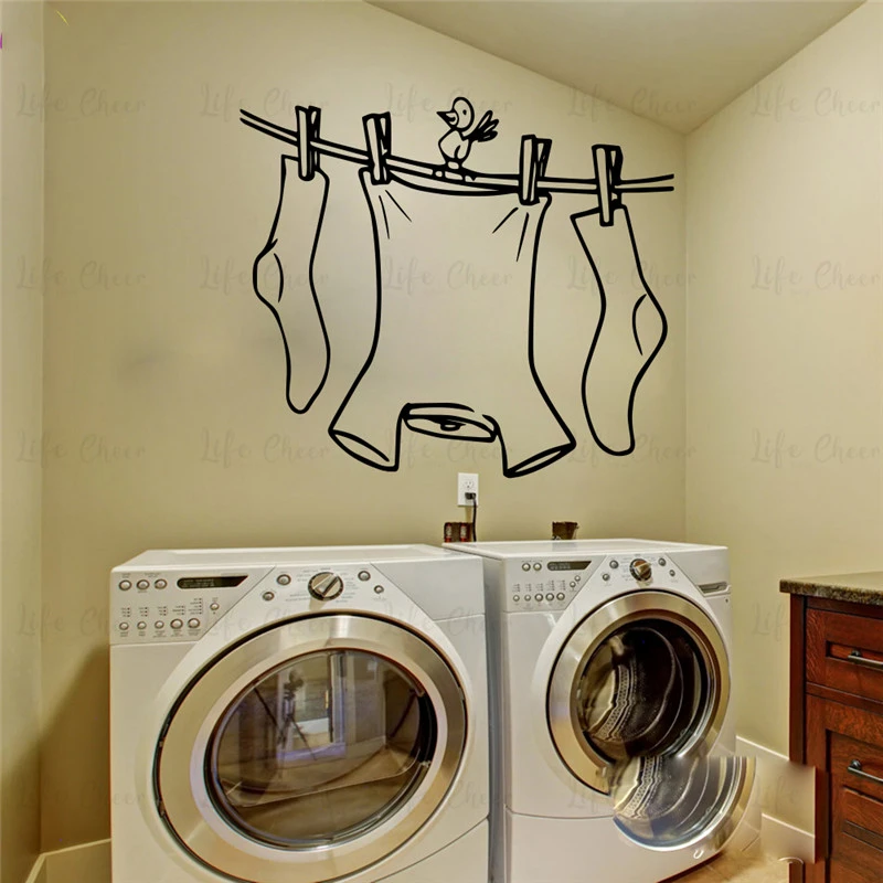 LAUNDRY ROOM Vinyl Wall Saying Decal Sticker Cute Quote w/Clothesline Clothes Décor Decals