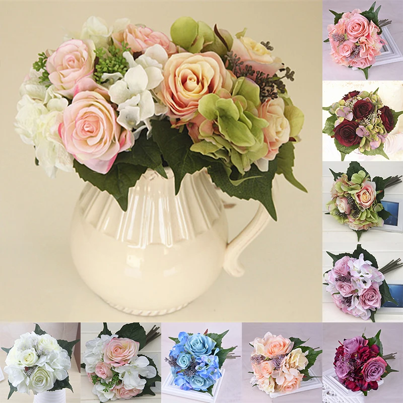 New Artificial Rose Flower Bouquet Floral Desktop Bridal Hydrangea Wedding Decor