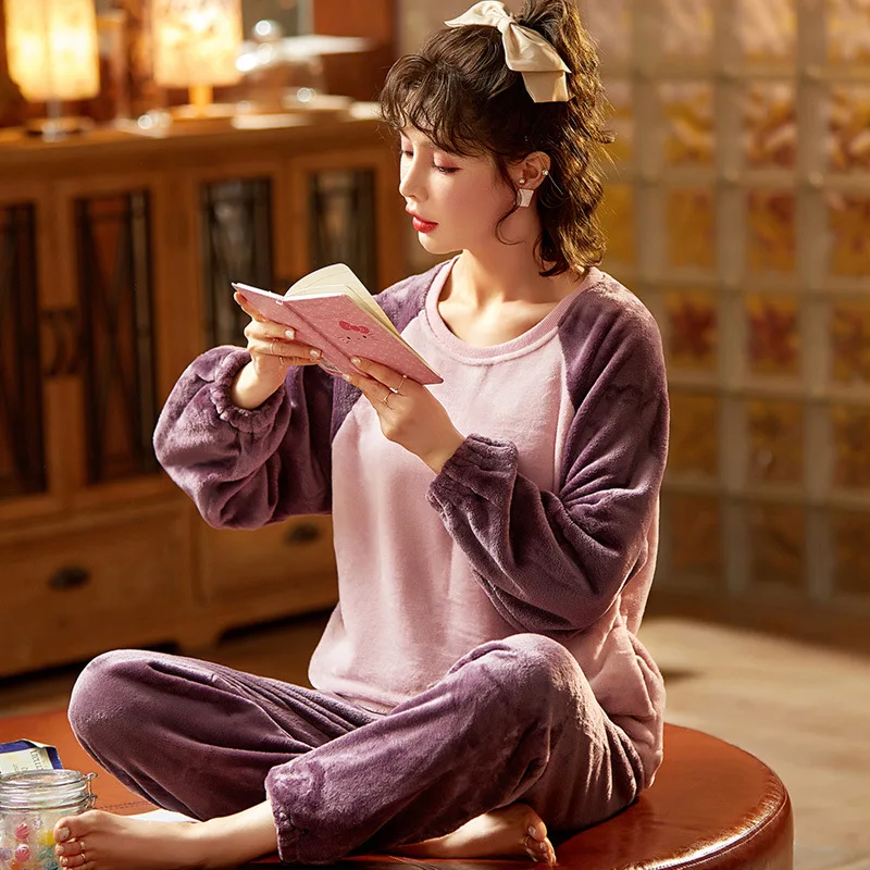 

Flannel Sleepwear Women Pajama Set Solid Round Neck Long Sleeve Full Length Loungewear Thick Warm Homewear Winter 2 Pcs Pyjamas
