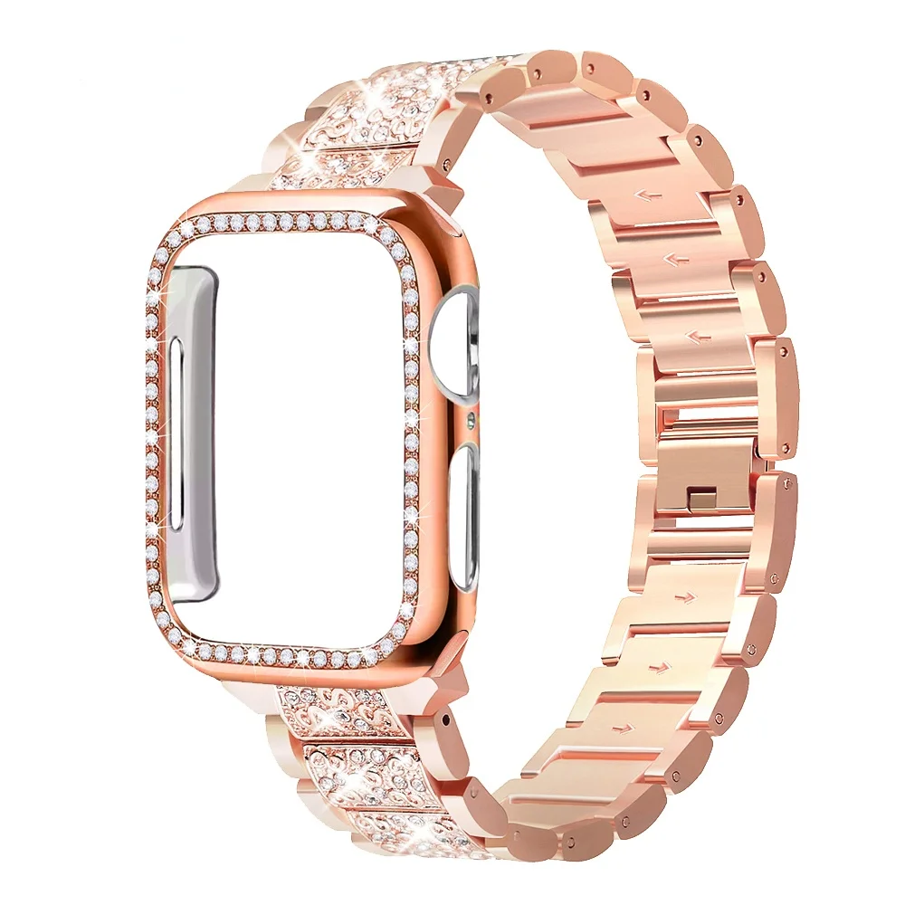 Металлический бриллиантовый ремешок + чехол для Apple Watch SE 6 5 4 band 40 мм 44 бампер iWatch 38