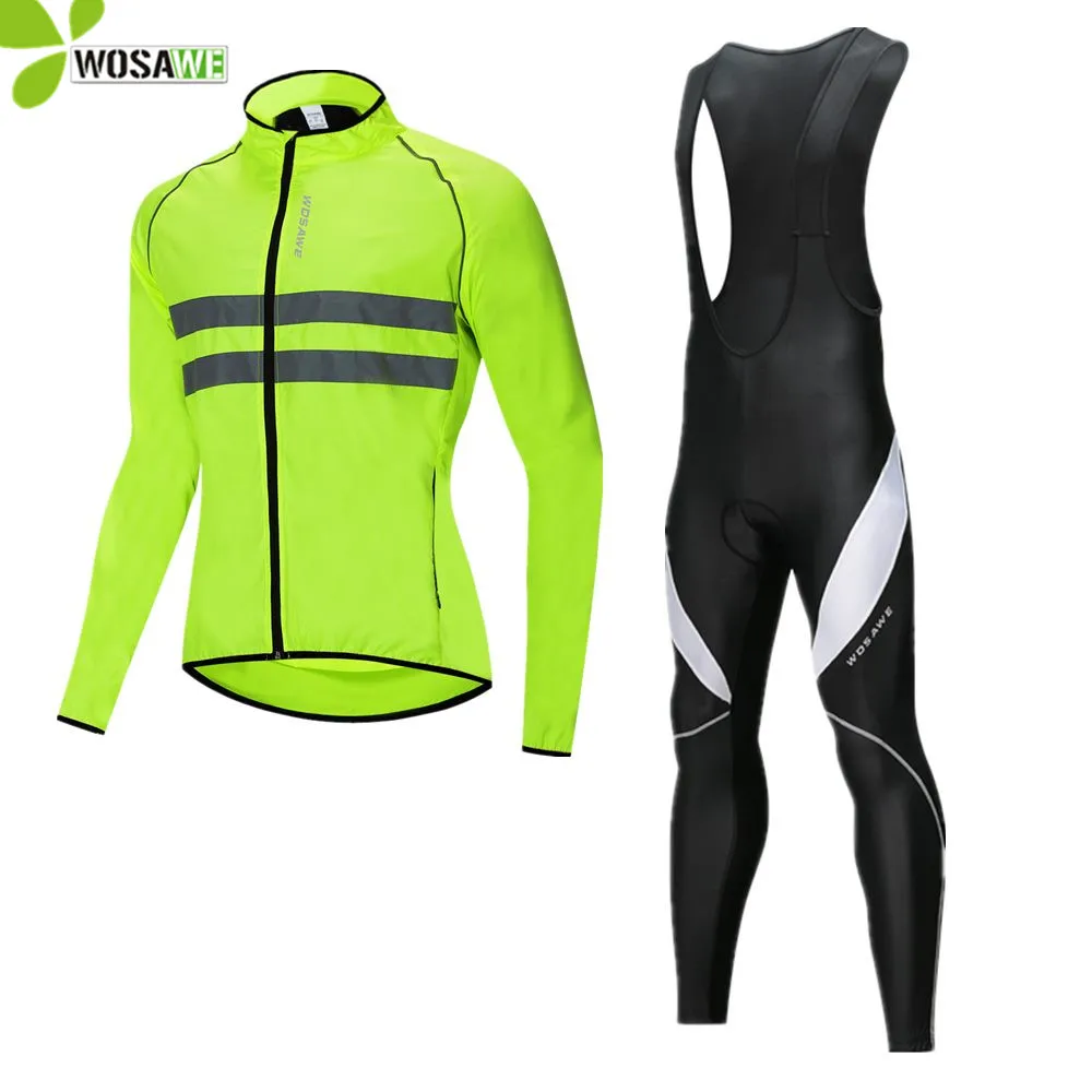 

WOSAWE Windproof Reflective Cycling Jackets Sets Water Resistence Windbreaker Gel Pad Bib Pants Uniform Team Riding Clothing