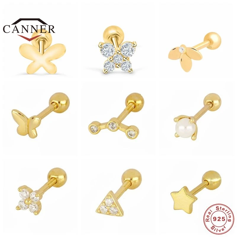 CANNER 1Pc pequeño CZ Zircon 925 Pendientes tipo botón de plata fina para las mujeres Mini Piercing pendiente de hilo de la joyería Pendientes de botón Pendientes Kolczyki