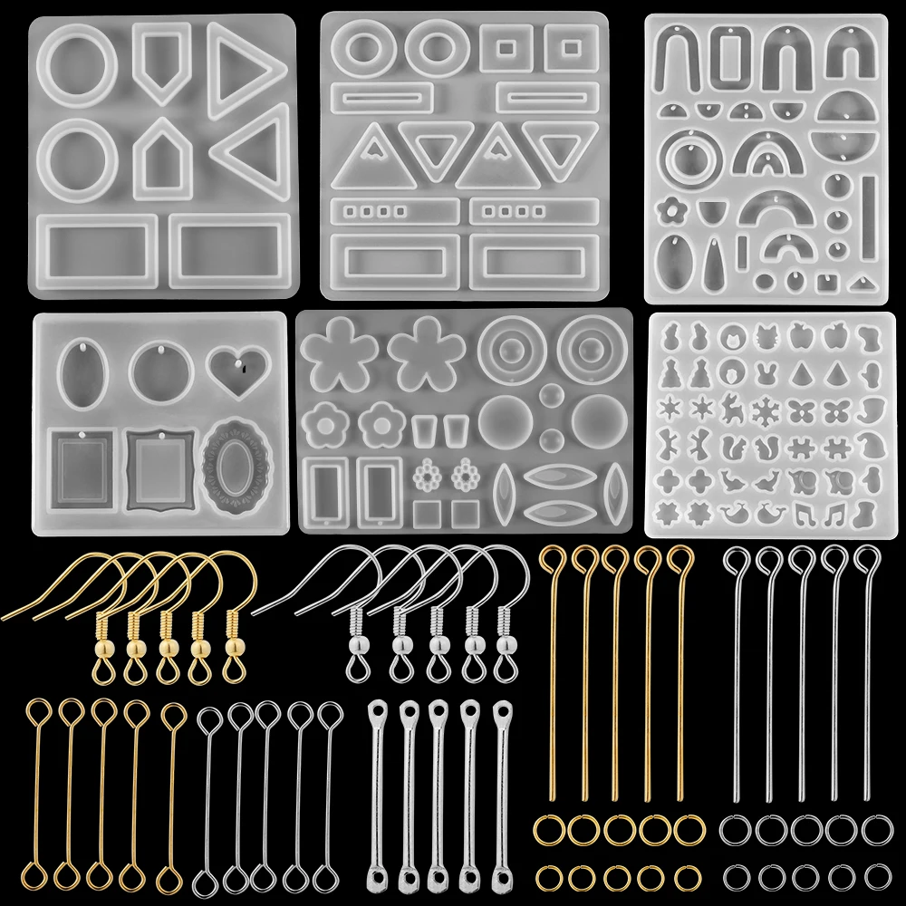 SENHAI 7 stampi in resina per orecchini, multistile per gioielli in silicone per colata di resina con foro, set di ganci per orecchini, per realizzare orecchini, ciondoli, collane