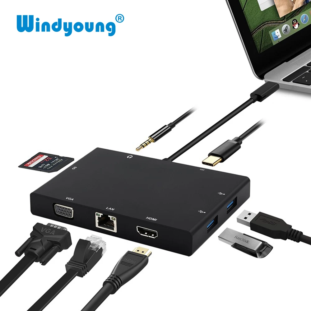 Usb type C 3,1 концентратор для HDMI 4K VGA RJ45 Ethernet USB 3,0 SD кард-ридер 3,5 мм аудио PD зарядка USB-C адаптер для huawei mate 20