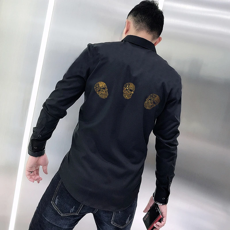 Rhinestone Style Simple Hot Diamond Men's T-Shirt Youth Long Sleeves Versatile Street Breathable Business Lapel Design Skull