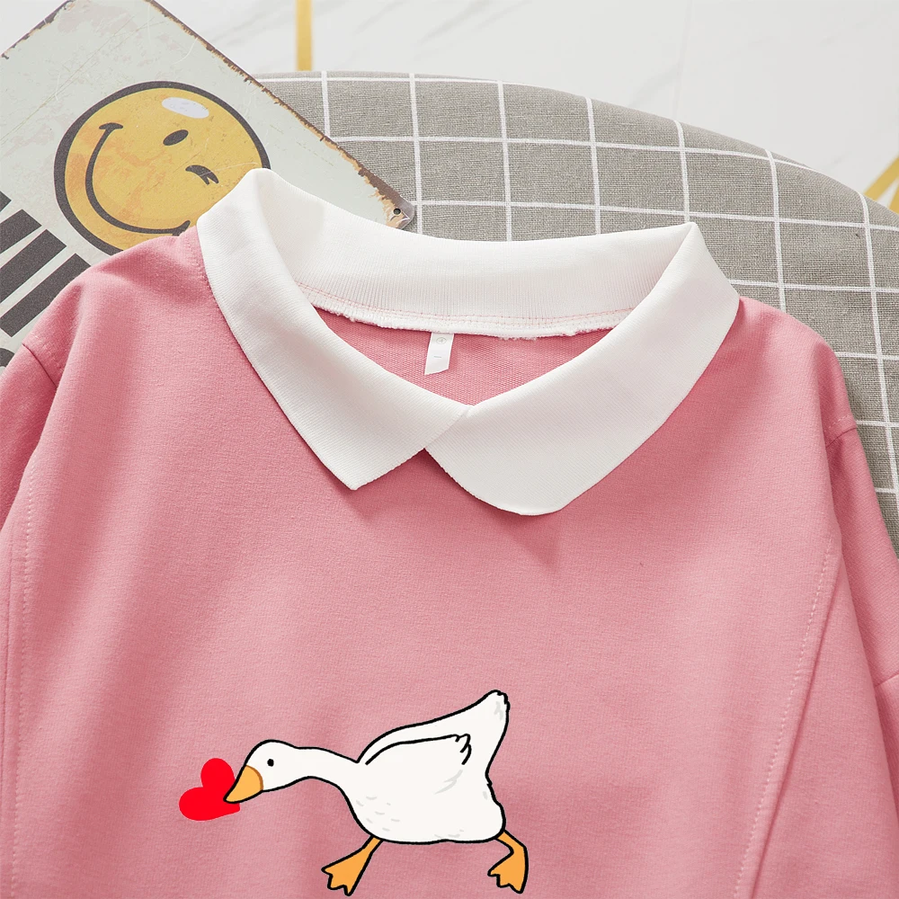 

Long Sleeves Polo Cute Sweatshirts for Teen Girls Women Harajuku Cute Cartoon Goose Love Printing Hoodies Plus Size Sweatshirts