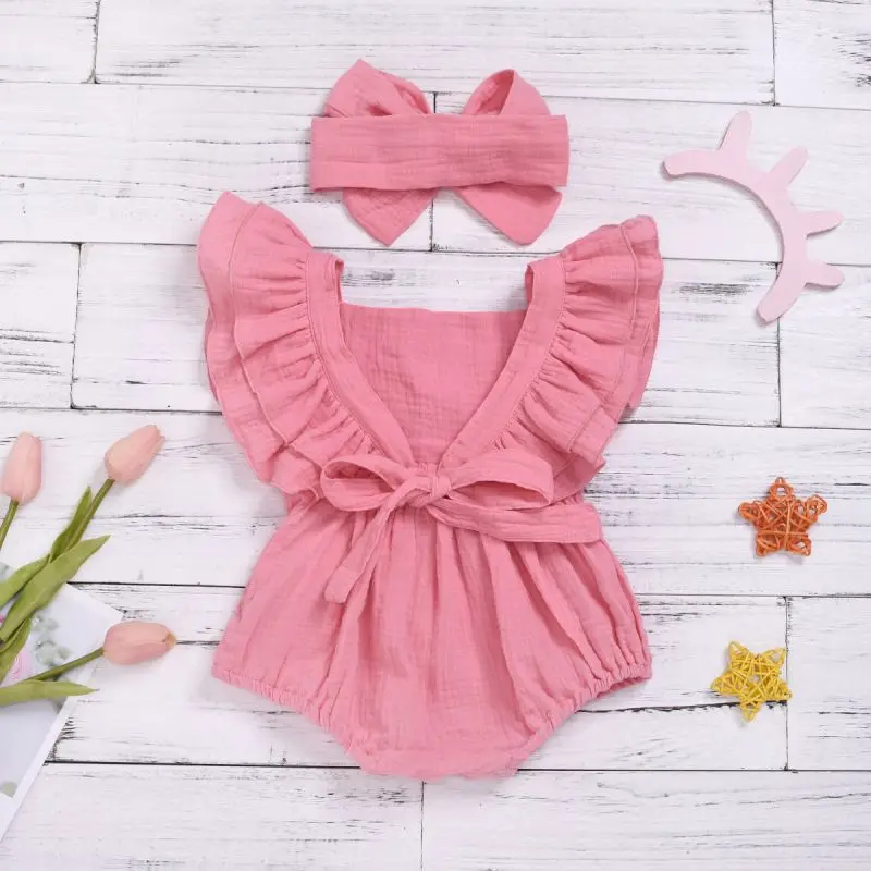 FashionSummer двойной газовые гольфы до колена с рюшами из хлопка, Детский комбинезон с повязкой-бантом розовый комбинезон с шортами для Одежда для новорожденных девочек