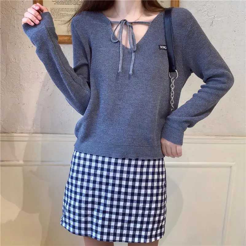 

ZHUNUAN 2020 v-neck casual Korea fashion soft girl long sleeve loose tops jumper sweater female knitwear women knitted shirt