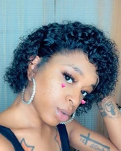 Beeos-peluca corta con rulos de corte Pixie 250%, 4x4, pelucas de cabello humano brasileño Remy, cabello humano de 8 pulgadas prearrancado con pelo de bebé