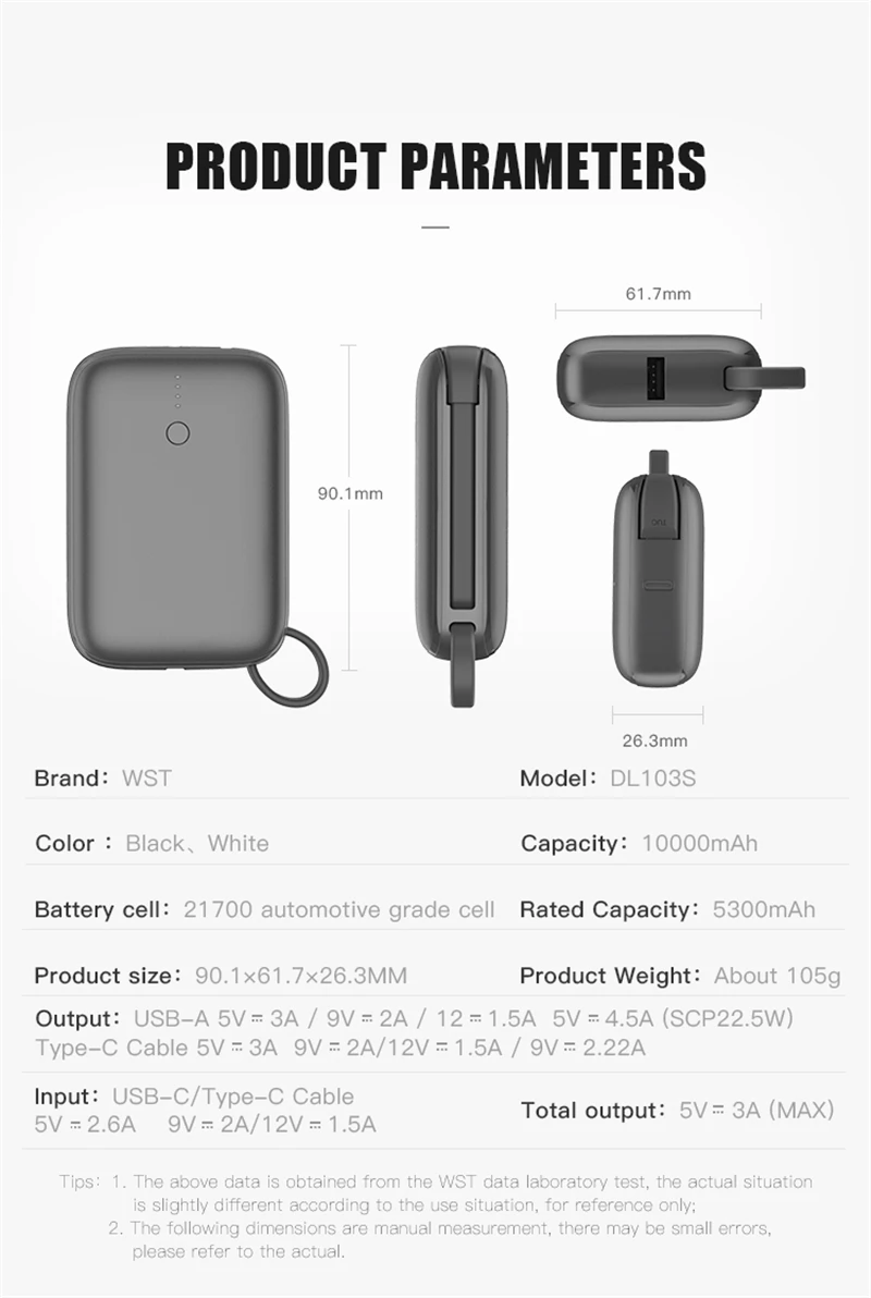 pocket power bank Power Bank 10000mAh Mini Powerbank Built in Cable Type C PD18W Two-way Fast Charge External Battery Poverbank for Xiaomi iPhone battery pack for phone