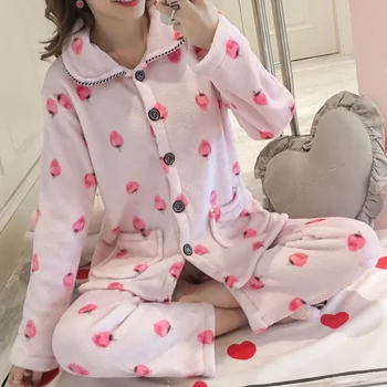 

Autumn Winter Women Pajamas Set Sleepwear Warm Flannel Long Sleeves Pajamas Pink Cute Animal Print Homewear Pajama Thick Suit