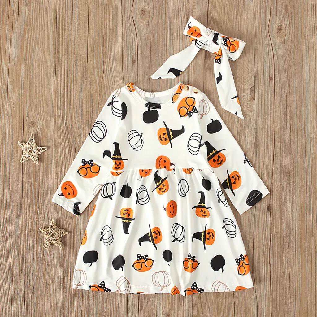 

Toddler Kids Baby Girls Halloween Costume For Baby Girls Pumpkin Print Dress Headbands Outfits Newborn Kid Dresses For Girls