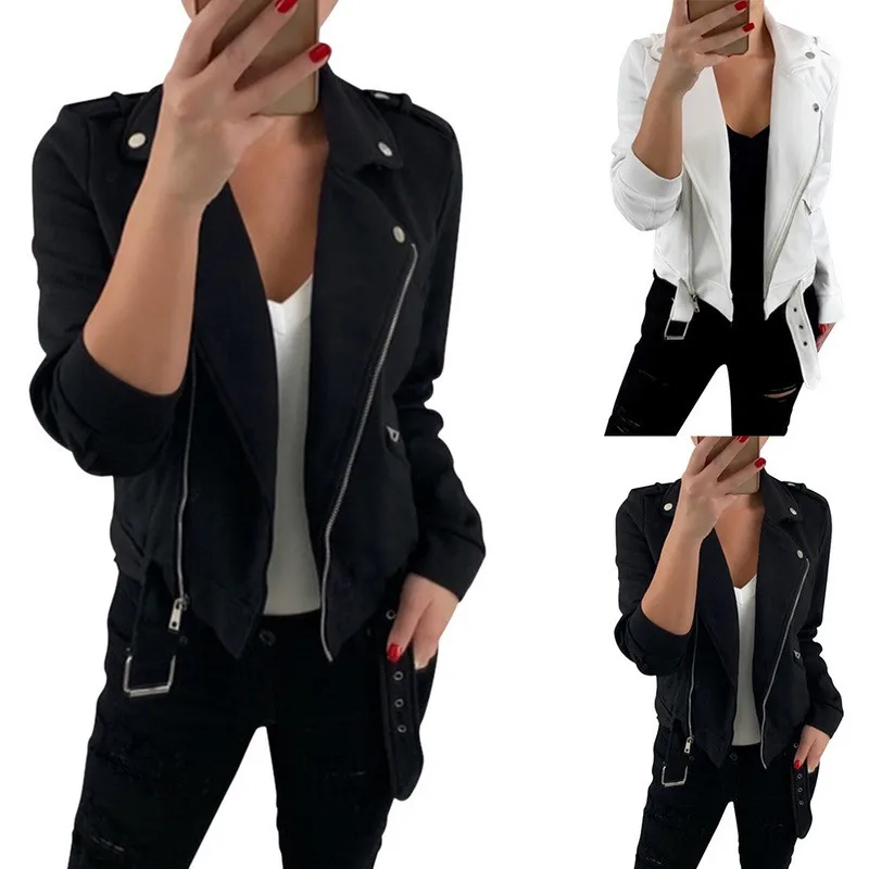 

Spring Autumn New Short Polyester Soft Thin Jacket Women Fashion Zipper Motorcycle Long Sleeve Jacket Ladies Basic Street Coats