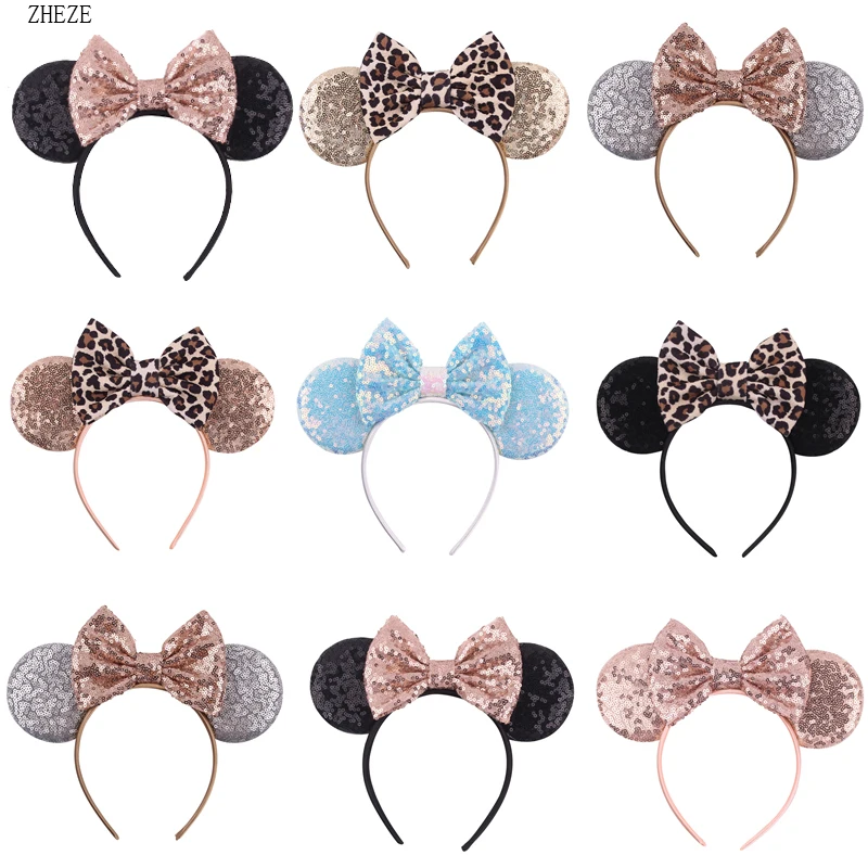 10Pcs/Lot Girl 5'' Sequin Bow Leopard Mouse Ears Hairband Festival Headband Women DIY Boutique Party Gift Hair Accessories one button premium suit three piece tuxedo men s suit for wedding black sequin slim business suits for wedding party