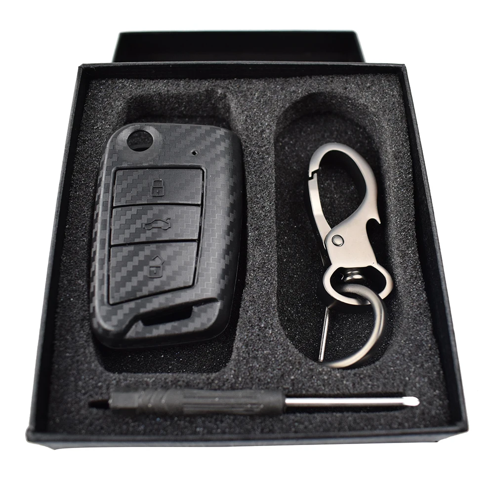 Carbon Fiber Style Remote Key Shell Case Fob for VW Polo Golf 7 Tiguan Skoda Octavia Fabia Kodiaq Key Ring Keychain for key case cover,key case,car key shell,flip key fob shell