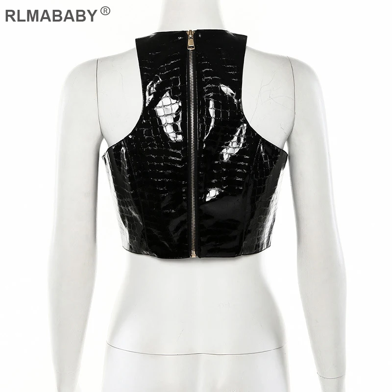 RLMABABY/Новинка; женская майка из искусственной кожи; асимметричный подол; круглый вырез; без рукавов; облегающий кроп-топ на молнии; Клубные вечерние женские черные короткие топы