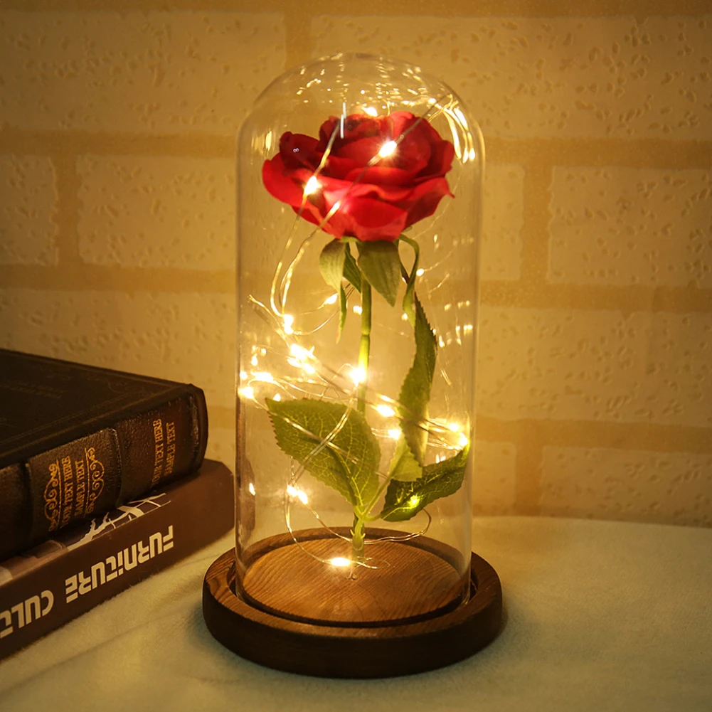 Beauty and The Beast Red Rose In A Glass Dome LED Light Wooden Base Valentine's Day Birthday Romantic Gift Decoration Belle Rose