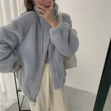 

Streetwear Solid Cashmere Coats Women Winter Standard Collar Warm Wool Lamb Fur Overcoats Zipper Office Lady Casual Loose Parkas