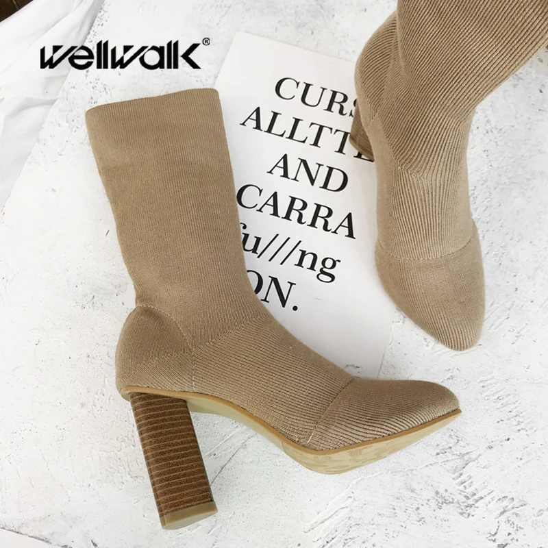 

Knitting Sock Shoes Heels Womens Mid Calf Boots High Heel Concise Design Booties Female Stretch Fabric Bootee Woman 2019