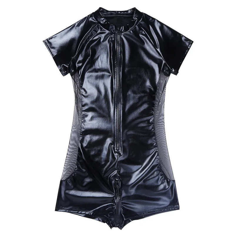 Mens Black Mesh Patent Leather Zipper Bodysuit Sexy Short Sleeve Open Crotch Skin Tight Catsuit Male Clubwear Costume Plus Size men underwear