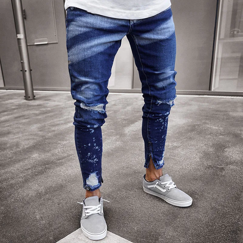 Ripped Jeans Men Slim Knee Hole Print Stretch Skinny Distressed Jeans Hombre Fashion Ankle Zipper Denim Pencil Pants Streetwear blue ripped cut out jeans women sexy hole hollow out stretch skinny streetwear denim trousers lady denim pencil pants for female