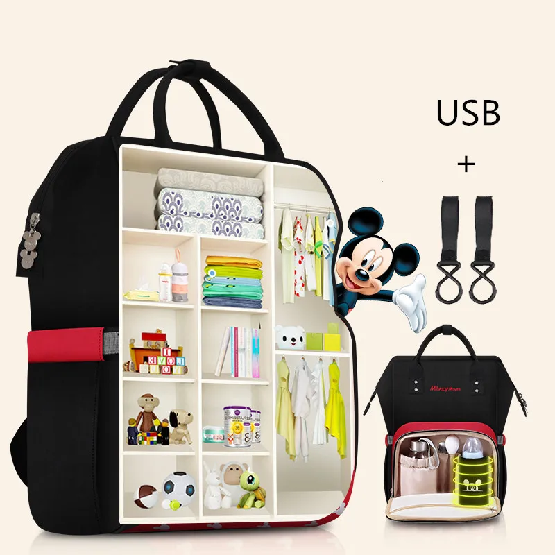 Disney Mickey Minnie sac à langer grande capacité USB chauffage sac à dos étanche en plein air sacs de voyage momie sac à main