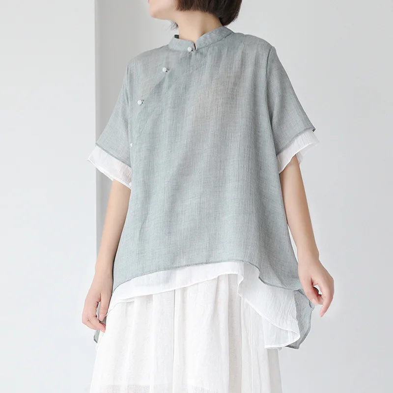 

Summer Loose Large Size Classic Art Double Layer Elegant Shirt Spring New Female Diagonal Pearl Button Temperament Top Blouses