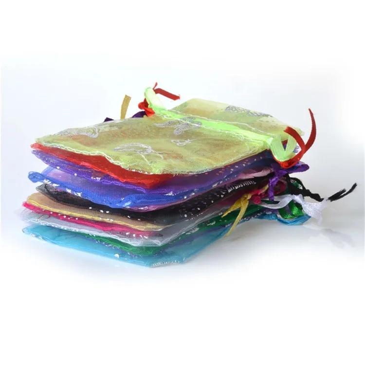 100pcs/lot Wholesale 7x9, 9x12, 11x16, 13x18 cm Butterfly Organza Wedding Candy Jewelry Packing Drawstring Pouch Decoration