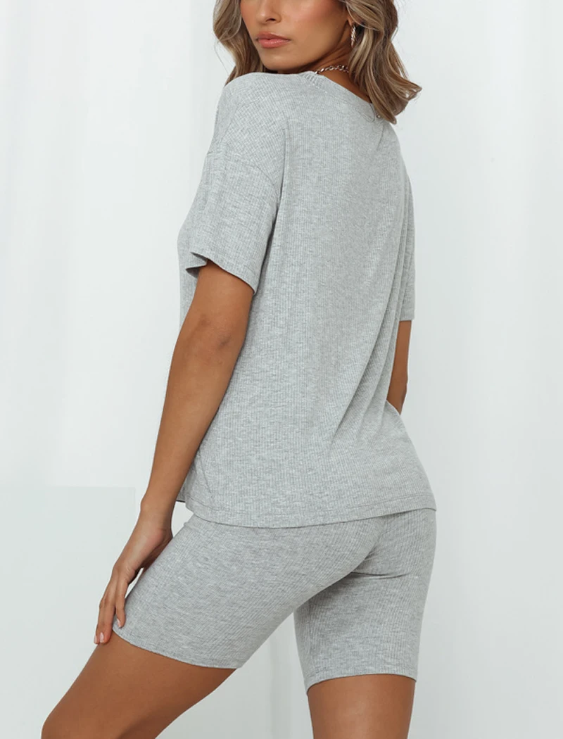 Aachoae Solid 2 Piece Set Women Summer Batwing Sleeve Casual Sports T Shirt+Bodycon Biker Shorts Set Tracksuit Sportswear Suit