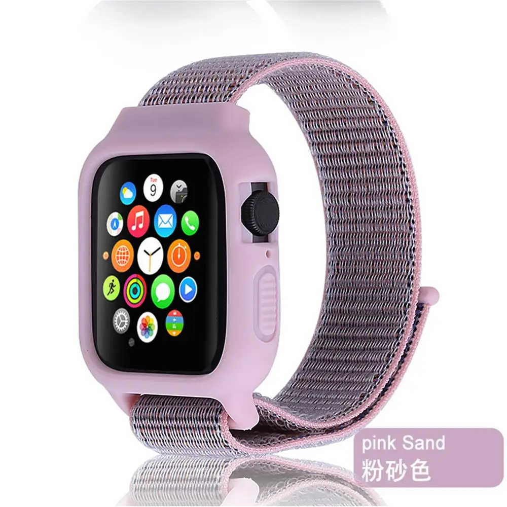 pink sand Чехол+ ремешок для часов apple watch band iwatch 5 4 3 pulseira correa apple watch 42 мм 44 мм 38 мм 40 мм нейлоновый браслет+ силиконовый чехол - Цвет ремешка: pink sand