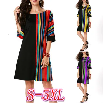 

BacklakeGirls 2020 Contrast Color Vertical Stripe Round Neck Half Sleeve Loose Women Cocktail Dress Short Women Dress Robe