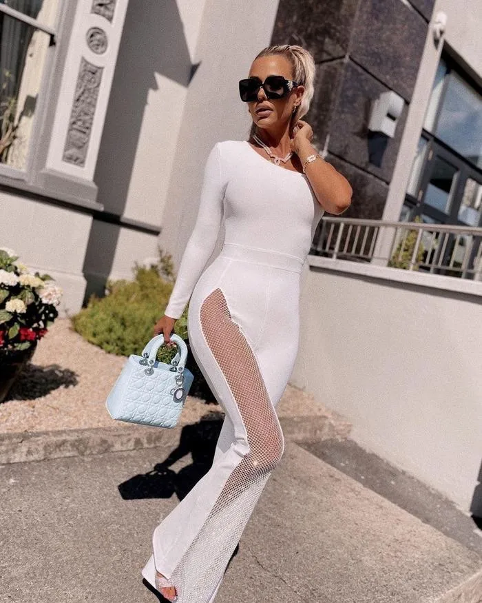 High Quality Women\'s One Shoulder Long Sleeve Black Bandage Jumpsuit Hollow Diamond Jumpsuit Celebrity Fashion Party Jumpsuit
