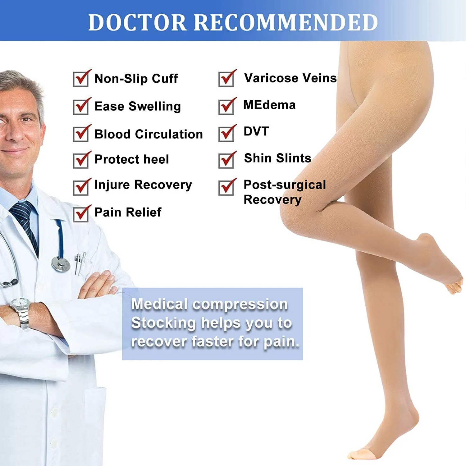 Medical Compression Pantyhose Unisex 30-40 MmHg Graduated Support Stockings for Nurses Shin Splints Flight Travel Varicose Veins