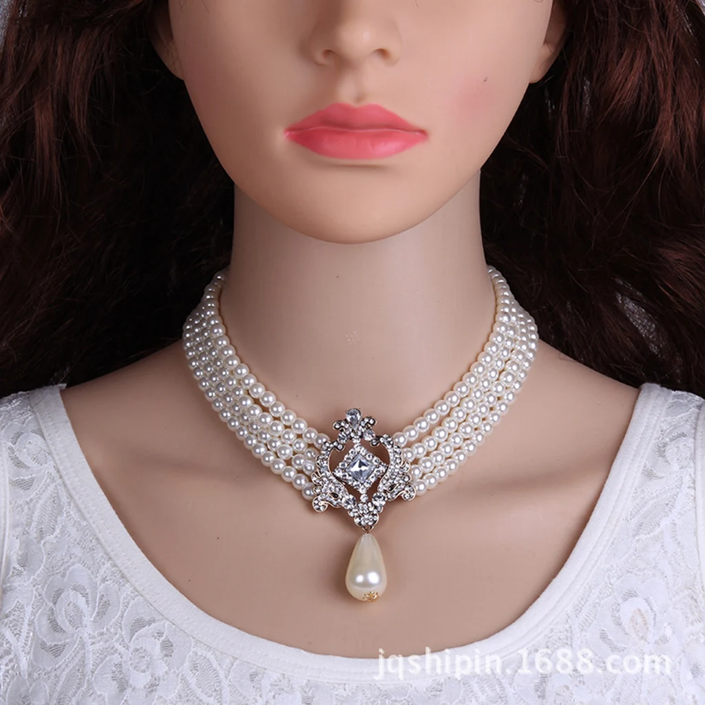 Multi Strand 4 Layer Glitter Rhinestone Crystal Simulated Pearls Bib Choker Statement Necklace Women Party Prom Wedding Jewelry