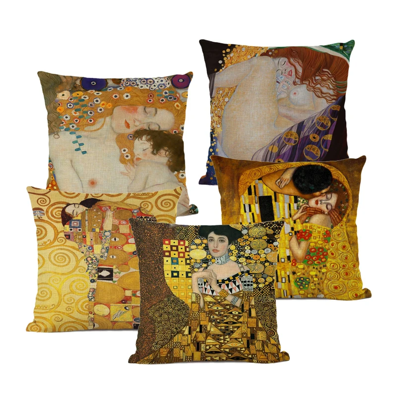 Чехол для подушки Gustav Klimt Kiss в винтажном стиле Золотая Модель декоративных