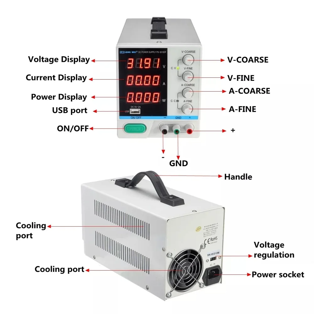 

Hot LONG WEI PS-3010DF 110V/220V Digital Display DC Power Supply 30V 10A Adjustable LED Switching Regulated 5V 2A USB Power Supp