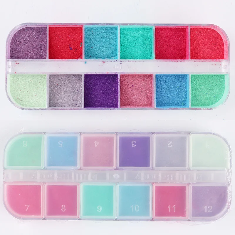 12 Grids Chrome For Nail Art Decorations Nail Powder Dipping Shimmer Dust Colorful Pigment Powder Rubbing Pearl Glitter