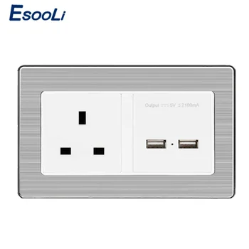 

Esooli 146*86mm UK Standard Power Outlet With Dual USB Charge Port For Mobile 5V 2.1A Stainless Steel Panel Electric Socket