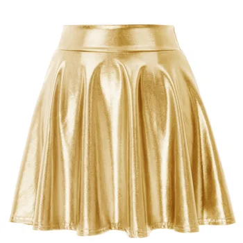 

2020 Women Sexy Summer Skirt VD1348 Imitated Leather Shiny Mini Skirt Metallic-Like Gold Silver A Line Skater Skirt