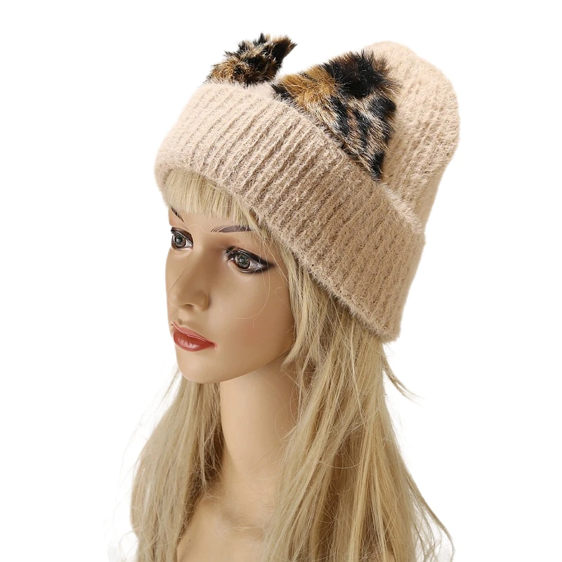 

2021 new leopard print cat ear hat woolen cap women tide fall/winter stretch knitted cold hat outdoor ski hat to keep warm