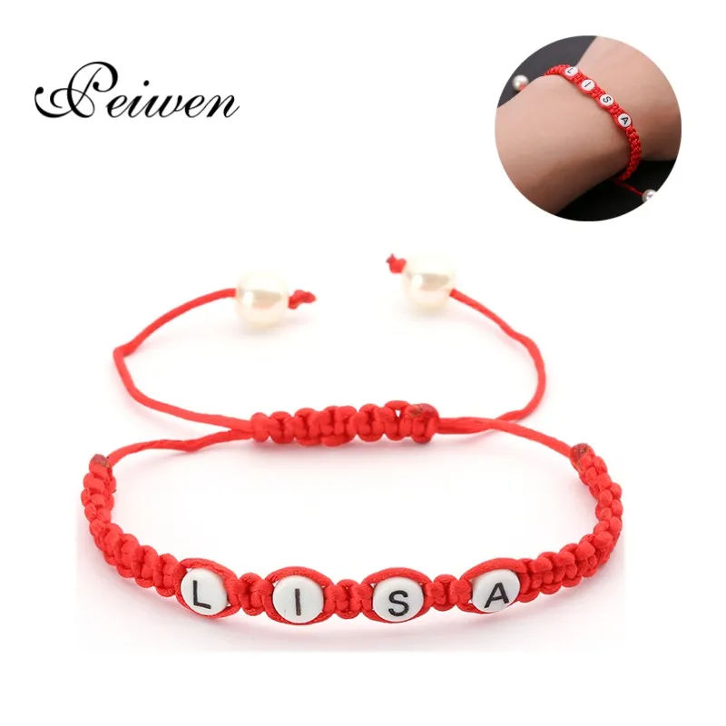 Personalized Custom English Letters String Name Bracelets Red Rope Woven Chain Pearl Bracelet For Women Bangles Jewelry Gift