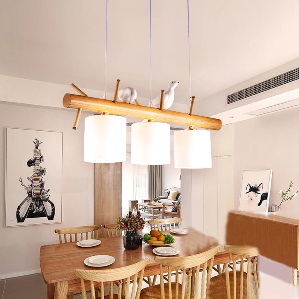 

Solid Wood chandelier Birds Simple Modern Restaurant Glass Lampshades Dining Room Bedroom Hanging Lighting