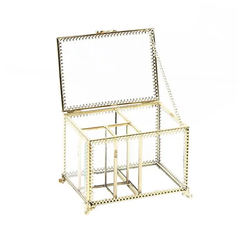 

1pc Storage Box Glass Lightweight Transparent Gold Trim Dustproof Storage Box Jewelry Organizer For Ladies Girl