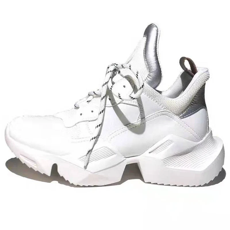 Genuine Leather Breathable Sport Fashion Women Running Shoes Height Increasing Outdoor Casual White Walking Ladies Sneakers