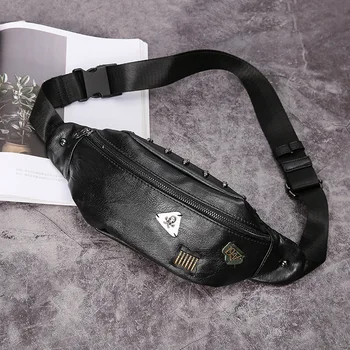 

Men Waist Bag Leather Fanny Pack Male Fashion Hip Bag Chest Bags Street Banana Bag Kidney Waterproof Waist Pack Black Belt Bag