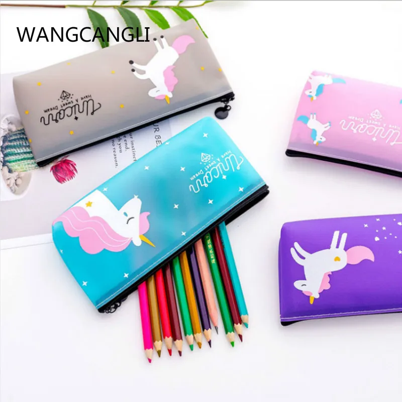 

Korean version of the simple small fresh cute unicorn pencil bag jelly PVC pencil bag girl heart student literary pencil case