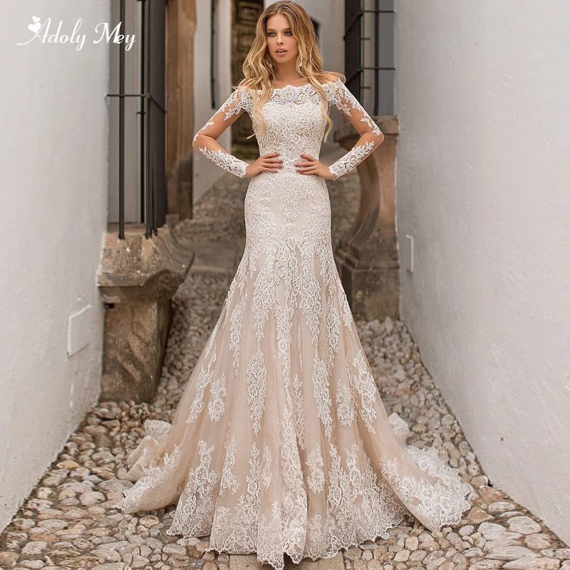 

Adoly Mey Romantic Boat Neck Long Sleeve Mermaid Wedding Dresses 2020 Gorgeous Appliques Detachable Train Trumpet Bridal Dress