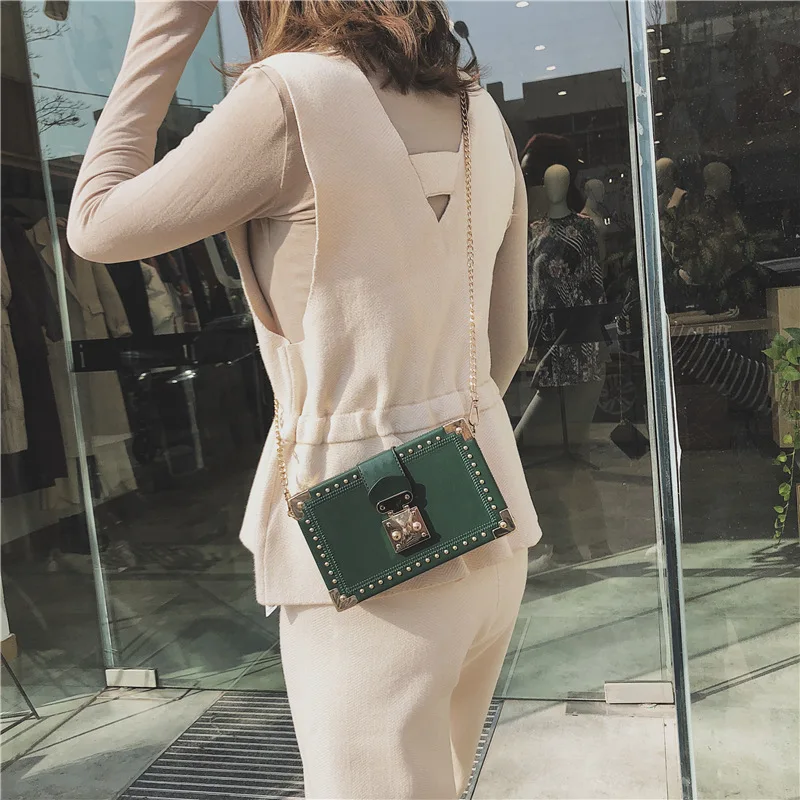 Fashion Vintage Rivet Designer Bag Box Style Buckle PU Women Clutch Bag Chain Purse Shoulder Bag Crossbody Small Flap Handbag
