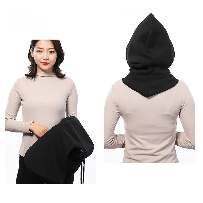 Women Winter Hooded Beanie Hat Thick Warm Cap Neck Collar Windproof Cotton Balaclava Solid Color 5