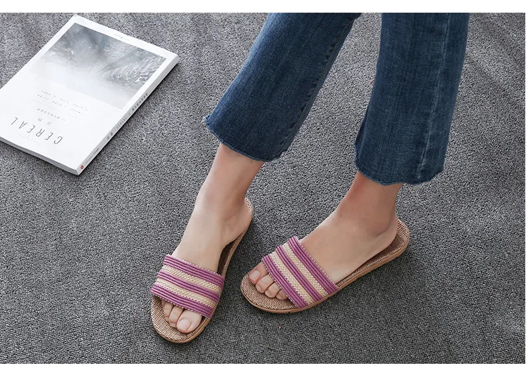 Home Wear-Resistant Leakage Toe Breathable Sweat Absorbing Deodorant Household Couples Women's Men's Linen Slippers Summer Line